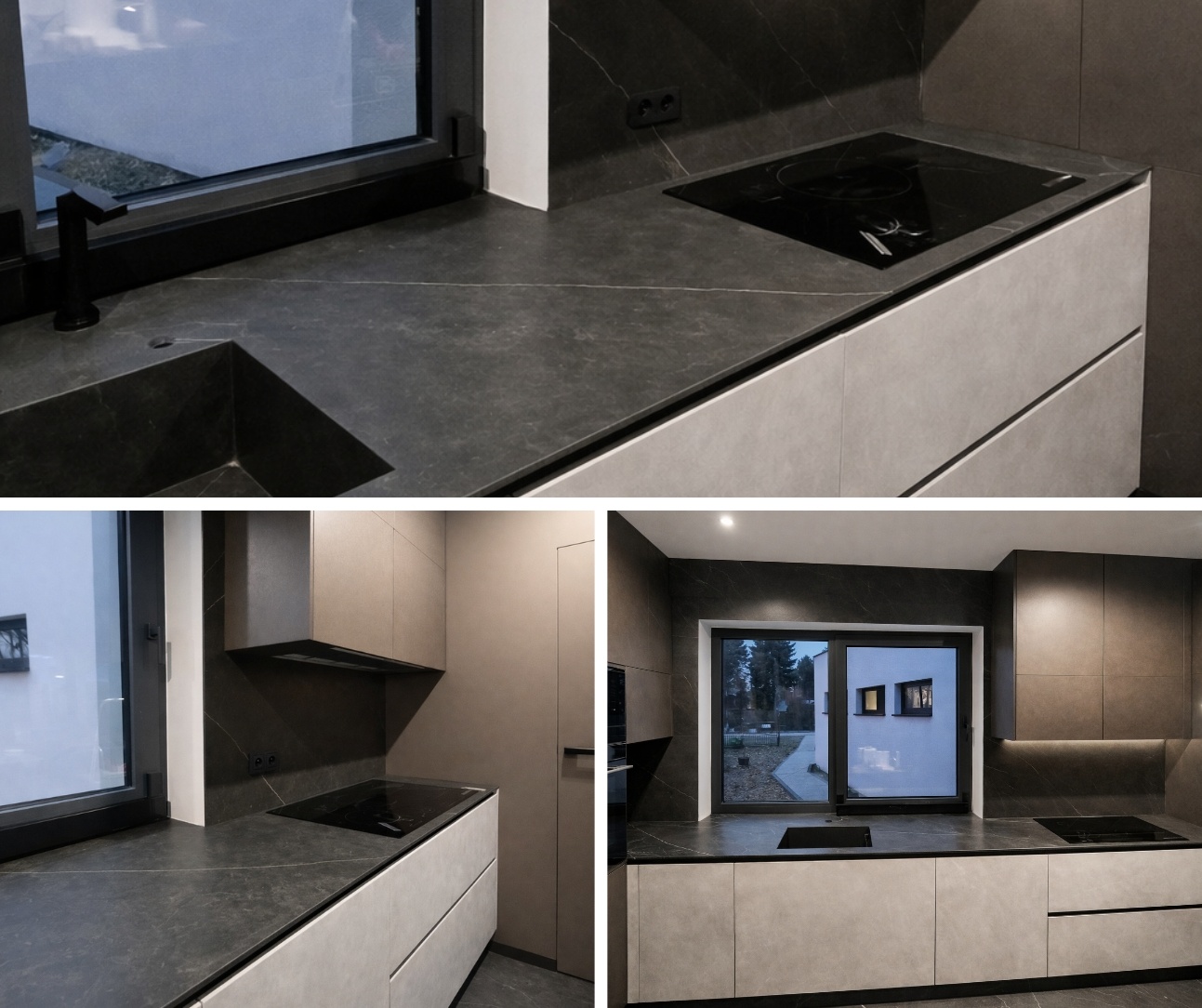 Detal, kt&oacute;ry buduje całość &ndash; blat roboczy i ściana między meblami w jednym materiale