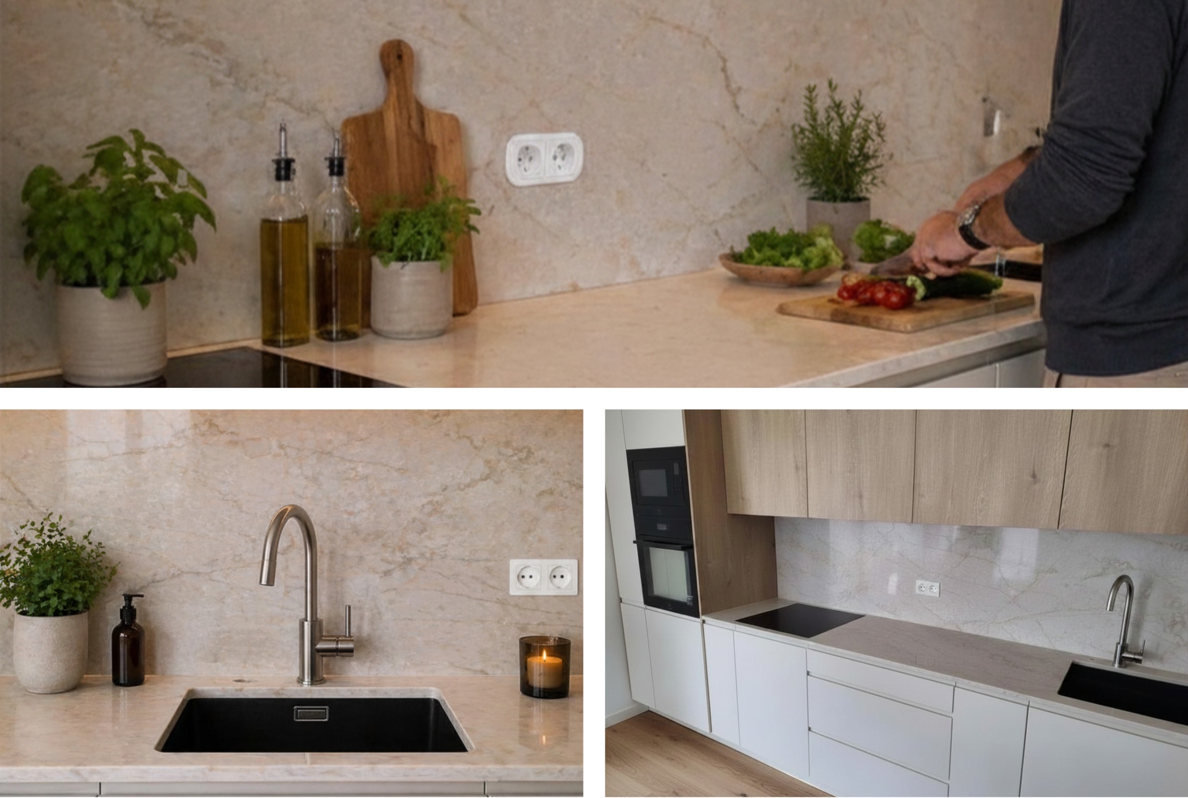 Technistone Glencoe w detalach: subtelny rysunek powierzchni i dekoracyjne dodatki tworzą miękki, domowy klimat