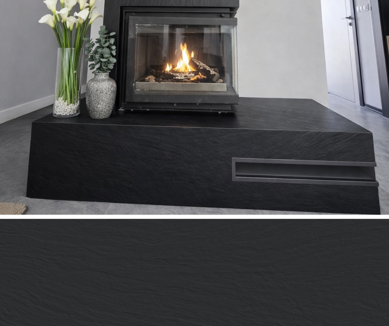 Nowoczesny kominek w spieku Laminam Ardesia Nero – realizacja, która buduje klimat wnętrza