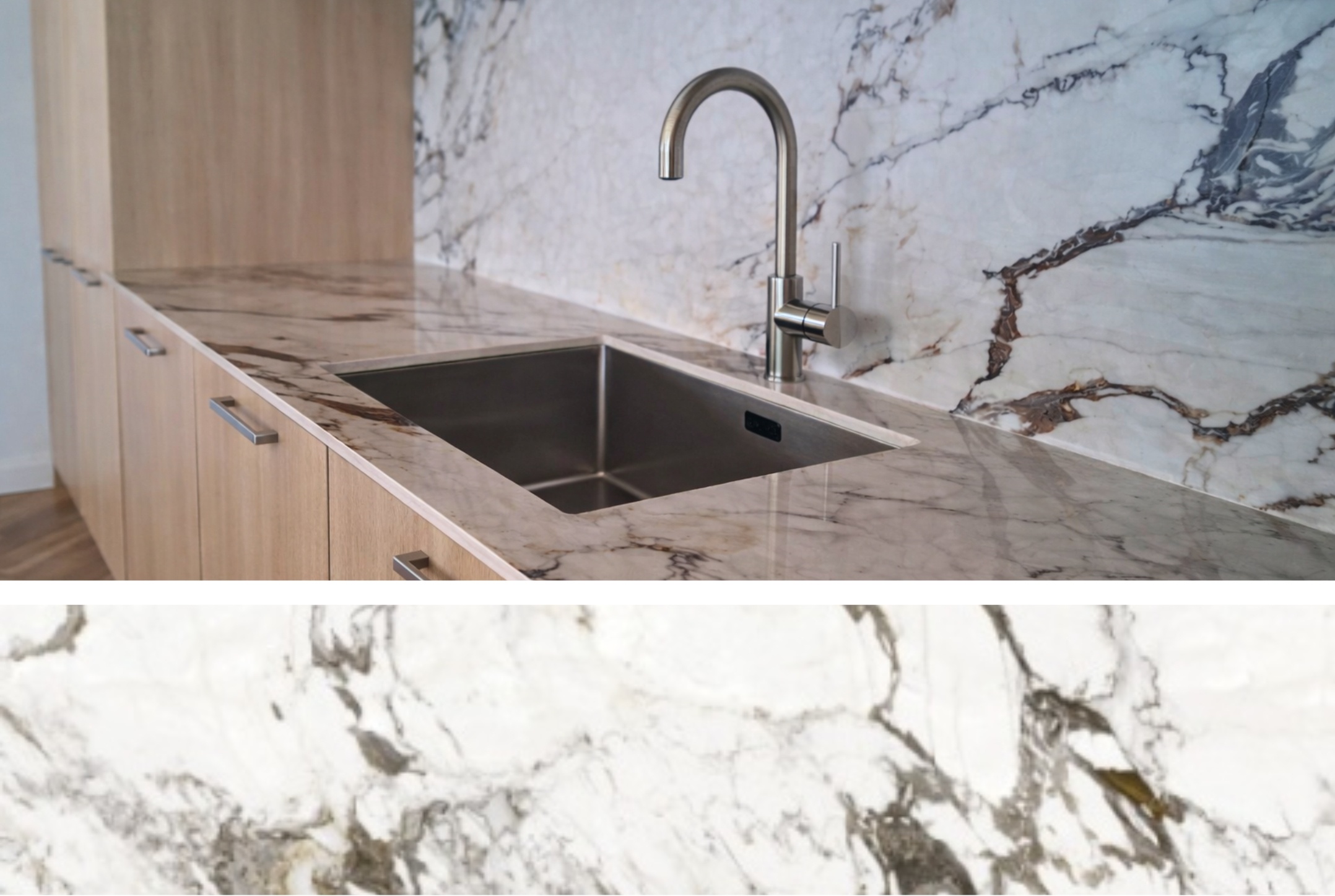 Luksus i spójność aranżacyjna w kuchni ze spiekiem Marazzi Marble Look Capraia