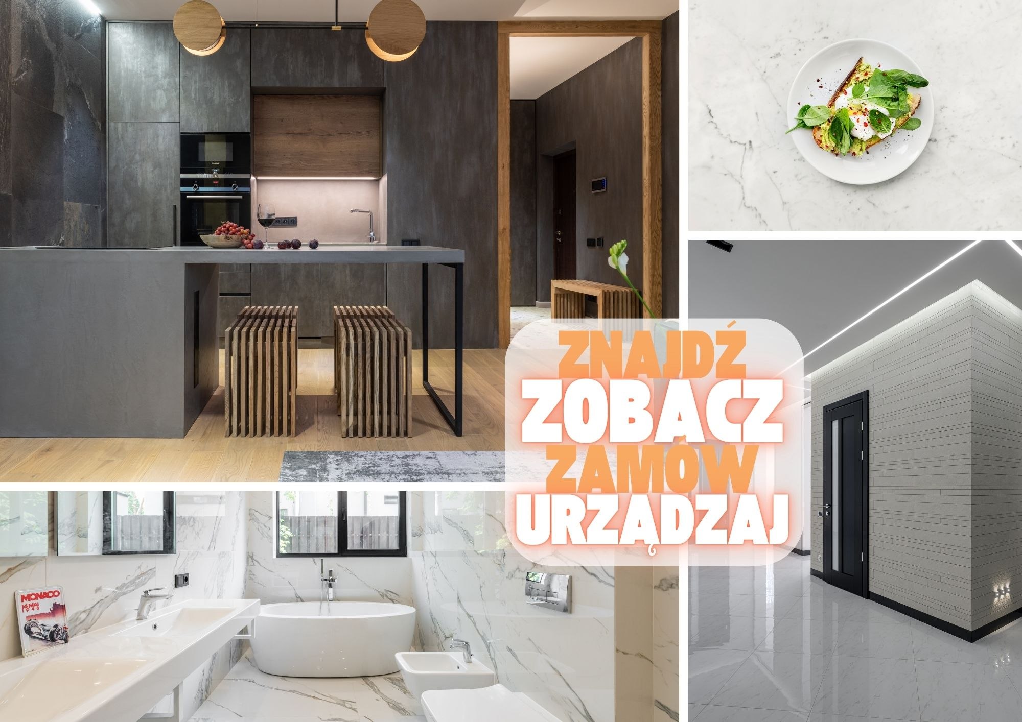 Nowoczesne wnętrza z wykorzystaniem spieków kwarcowych – industrialna kuchnia z wyspą, elegancka łazienka w marmurowym stylu, minimalistyczny korytarz oraz detale powierzchni w zbliżeniu. Na środku grafiki napis: „Znajdź, zobacz, zamów, urządzaj”