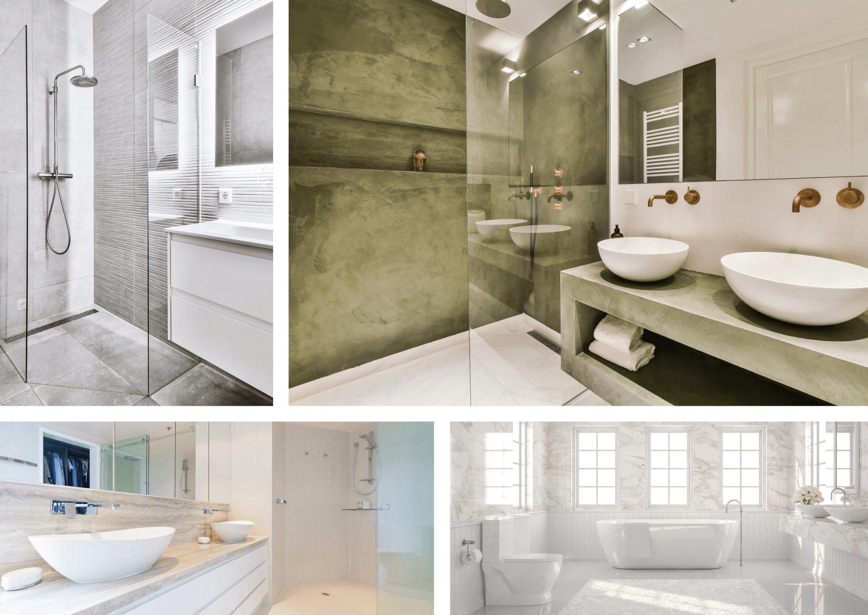 Nowoczesne aranżacje łazienek z wykorzystaniem spieków kwarcowych i konglomeratów – prysznice typu walk-in, blaty z umywalkami nablatowymi i eleganckie wykończenia ścian