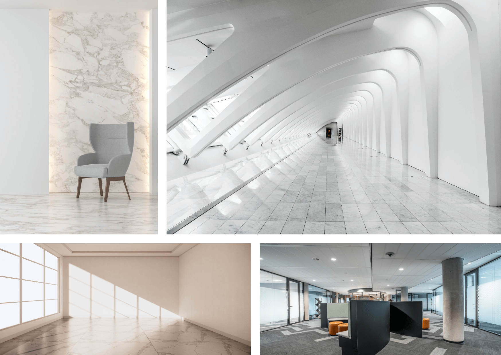 Przestrzenie komercyjne i prywatne z wykończeniami z marmuru i spieków – od biur i poczekalni po minimalistyczne wnętrza i nowoczesną architekturę