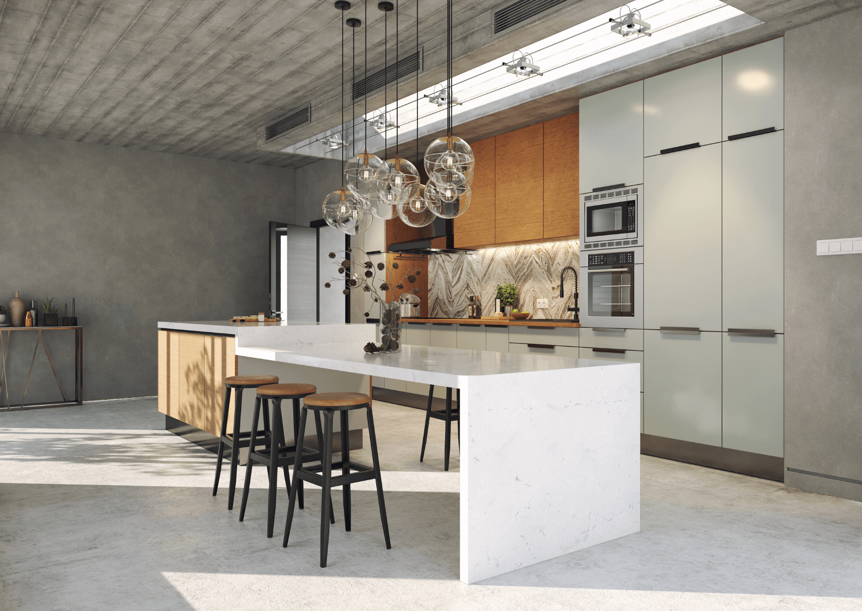 Industrialna kuchnia z wyspą z białego konglomeratu i wykończeniem ścian ze spieku kwarcowego o strukturze kamienia naturalnego