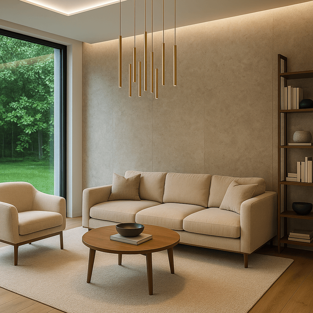 Nowoczesny, jasny salon z dużym oknem i ścianą wykończoną spiekiem Dekton Sabbia; beżowa sofa, fotel i drewniany stolik kawowy tworzą przytulne wnętrze, uzupełnione złotym żyrandolem i regałem z dekoracjami