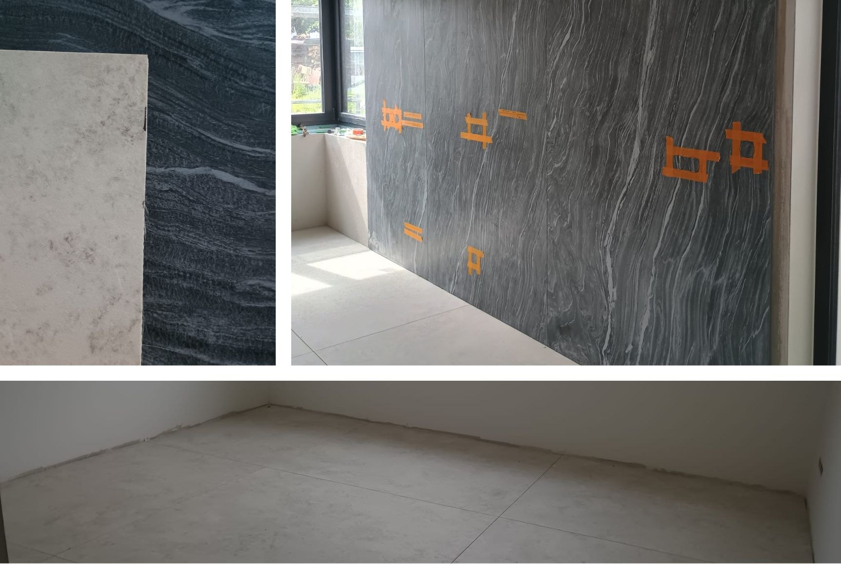 Zbliżenie na próbkę jasnego spieku Neolith Whitesands położoną na tle ciemnego spieku Neolith Mar del Plata. Obok kuchnia z gotową podłogą i ścianą wyłożoną ciemnym spiekiem z widocznymi oznaczeniami pod zabudowę.