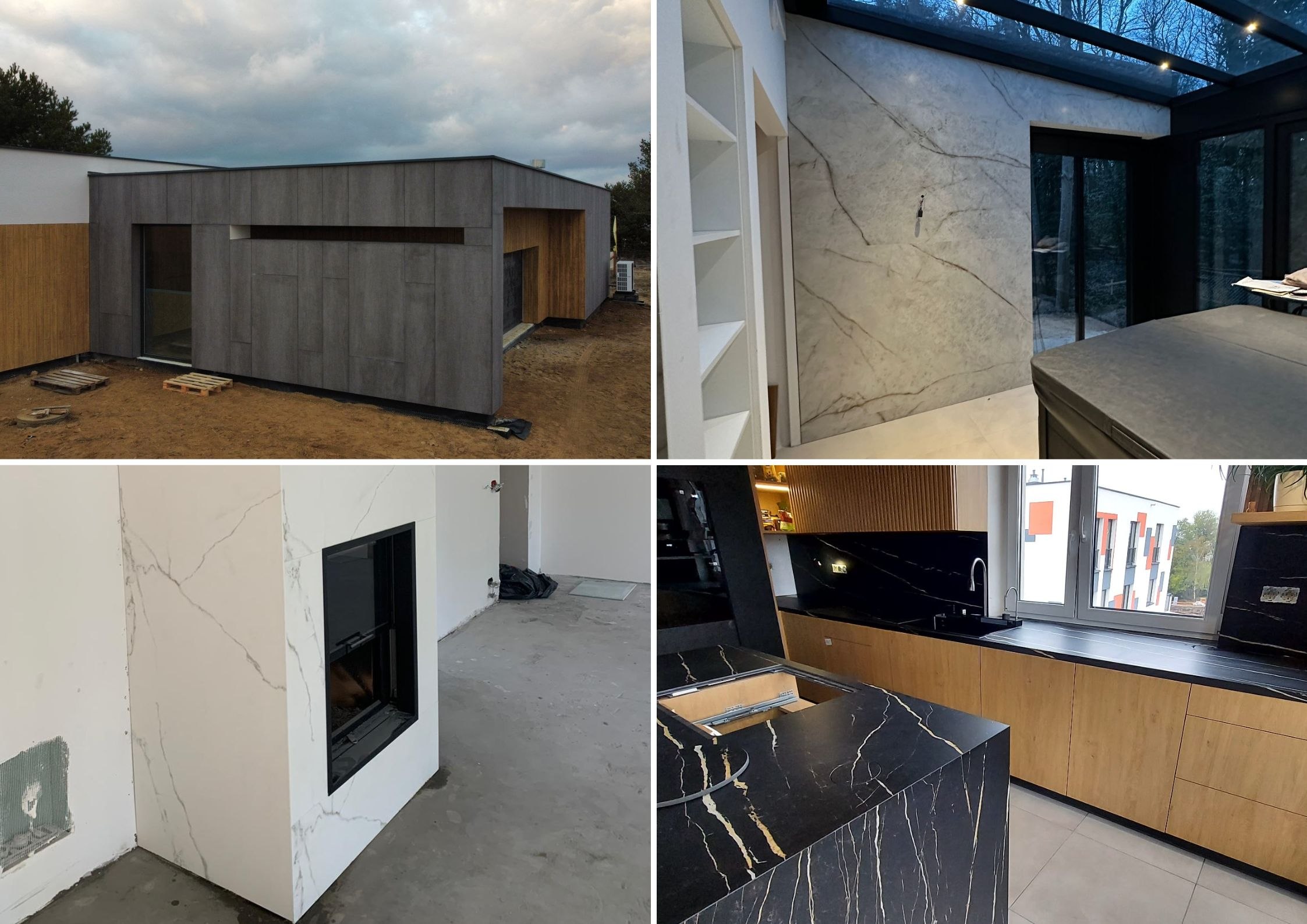 Mozaika zdjęć zrealizowanych projektów FALCO – elewacja, ściany z marmurowym wzorem, kuchnia ze spiekami i obudowa kominka.