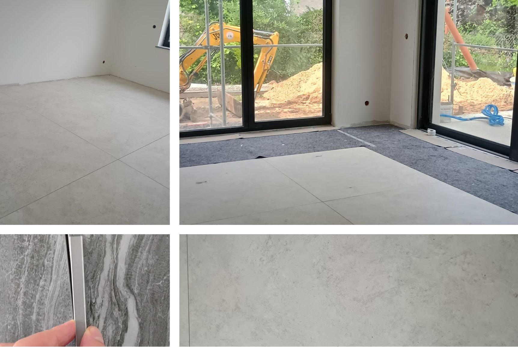 Widok z montażu podłogi w nowoczesnym wnętrzu z dużymi przeszkleniami. Jasne płyty Neolith Whitesands w dużym formacie, dokładnie ułożone. Widoczna także testowana aluminiowa listwa na tle ciemnej ściany oraz detal wykończenia płyty przy oknie.