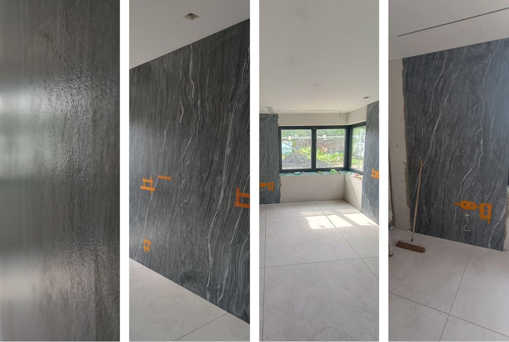 Cztery ujęcia kuchni z jasną podłogą Neolith Whitesands i ciemnymi ścianami Mar del Plata. Widoczne oznaczenia montażowe, naturalne światło dzienne, gładki sufit i nowoczesne okna narożne. W jednym kadrze pokazany detal struktury powierzchni spieku.