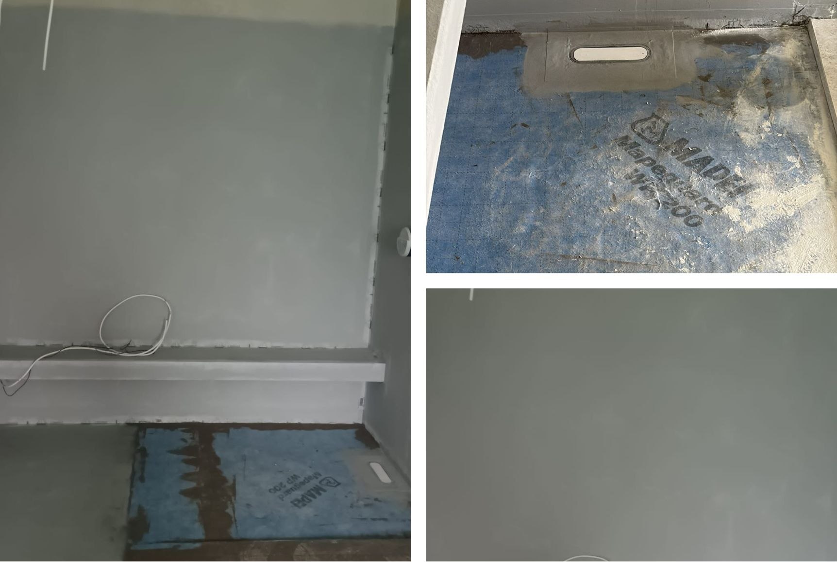 Wnętrze łazienki w stanie deweloperskim. Ściany pokryte szarą masą uszczelniającą, na podłodze widoczna niebieska mata hydroizolacyjna marki Mapei z odpływem liniowym. W jednym kadrze pokazane przewody przygotowane do montażu instalacji. Brak okładzin ściennych i podłogowych.