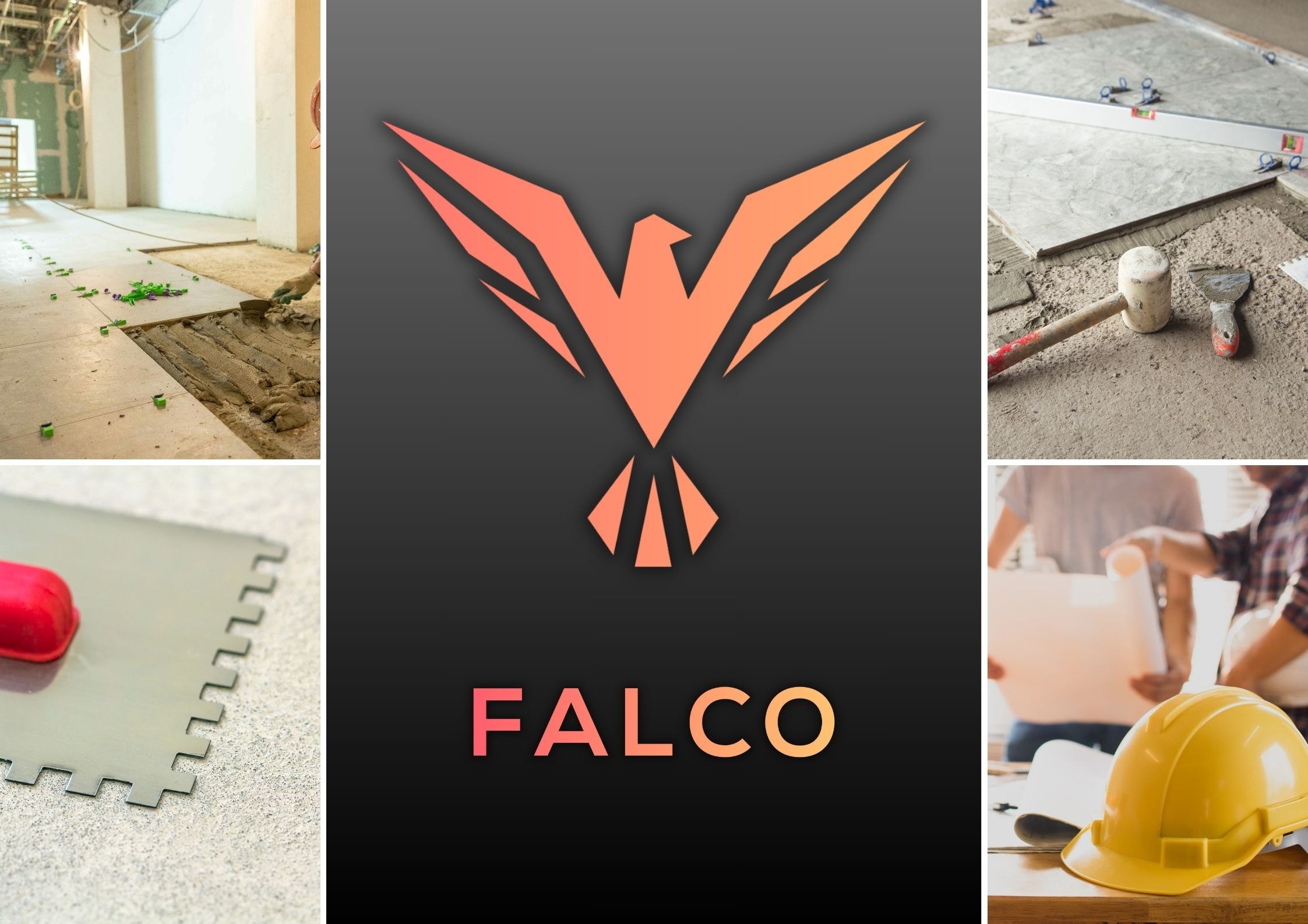 Logo FALCO otoczone zdjęciami z prac montażowych