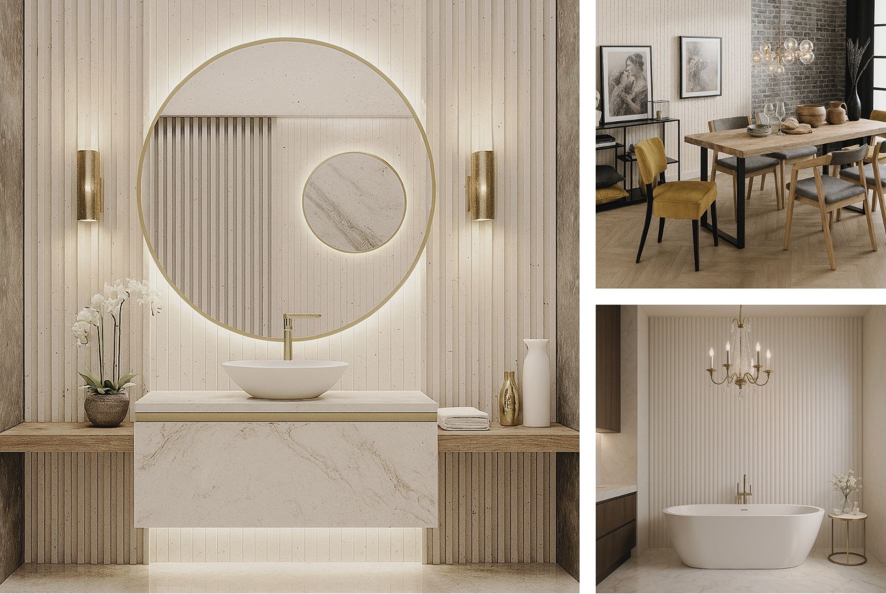 Glamour łazienka i industrialna jadalnia z lamelami UKIYO Lime Delight GV3 na ścianach