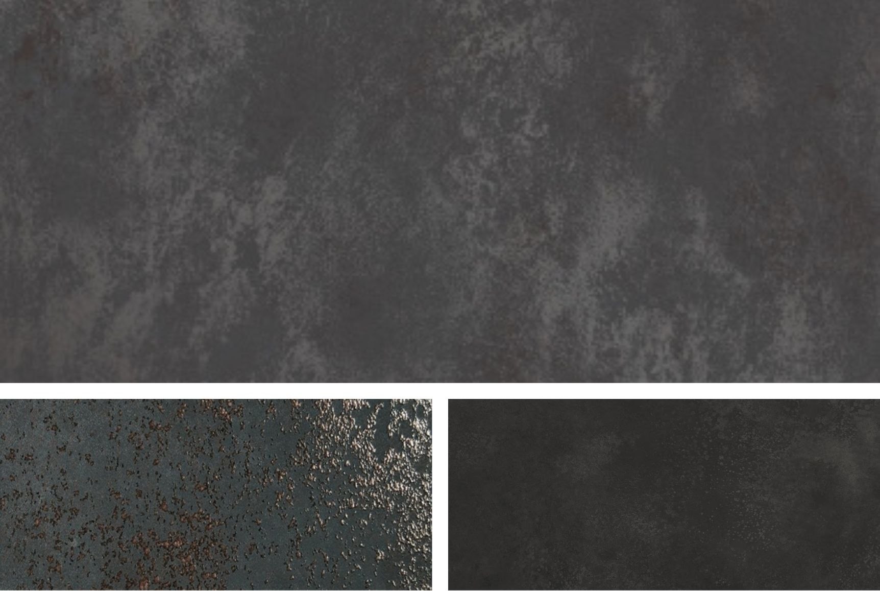 Próbki spieków Laminam Oxide Nero w różnych fakturach i odcieniach szarości.