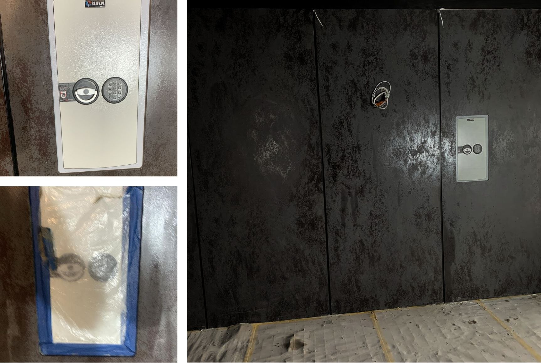 Zbliżenie na sejf wkomponowany w ścianę wyłożoną spiekami Laminam Oxide Nero.