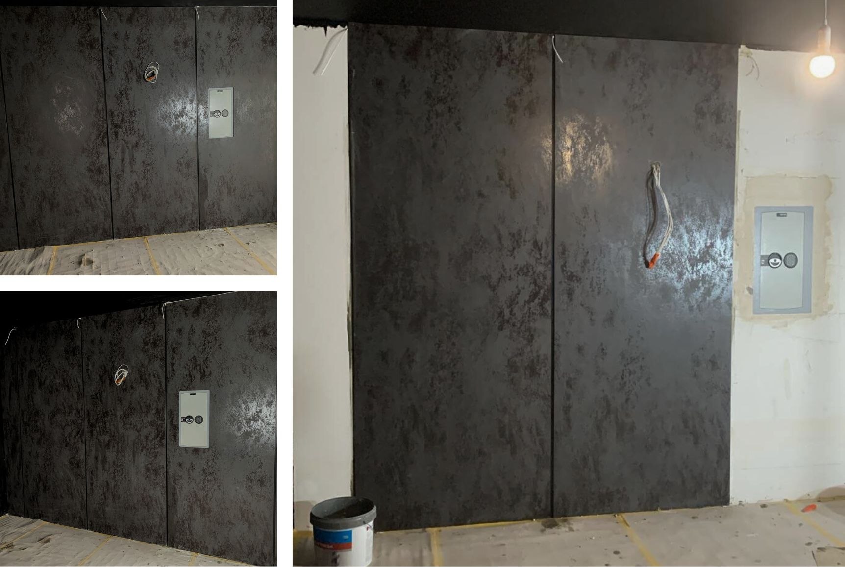 Proces montażu spieków Laminam Oxide Nero na ścianie z widocznym sejfem.