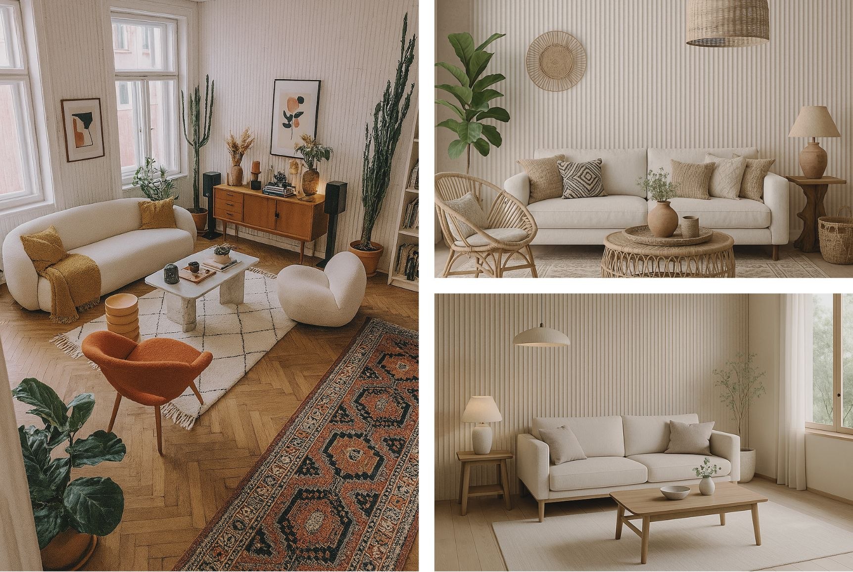 Styl boho w salonie z jasnymi meblami i ścianą wykończoną UKIYO Lime Delight GV3