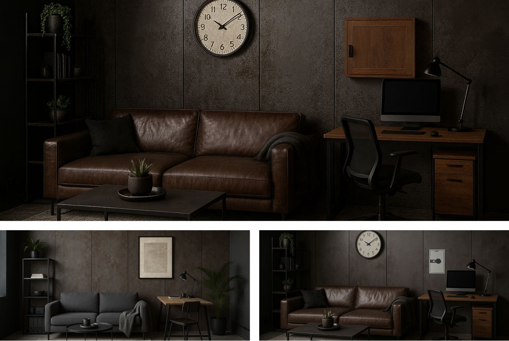 Industrialny salon z brązową sofą, biurkiem i ścianą wyłożoną spiekami Laminam Oxide Nero.