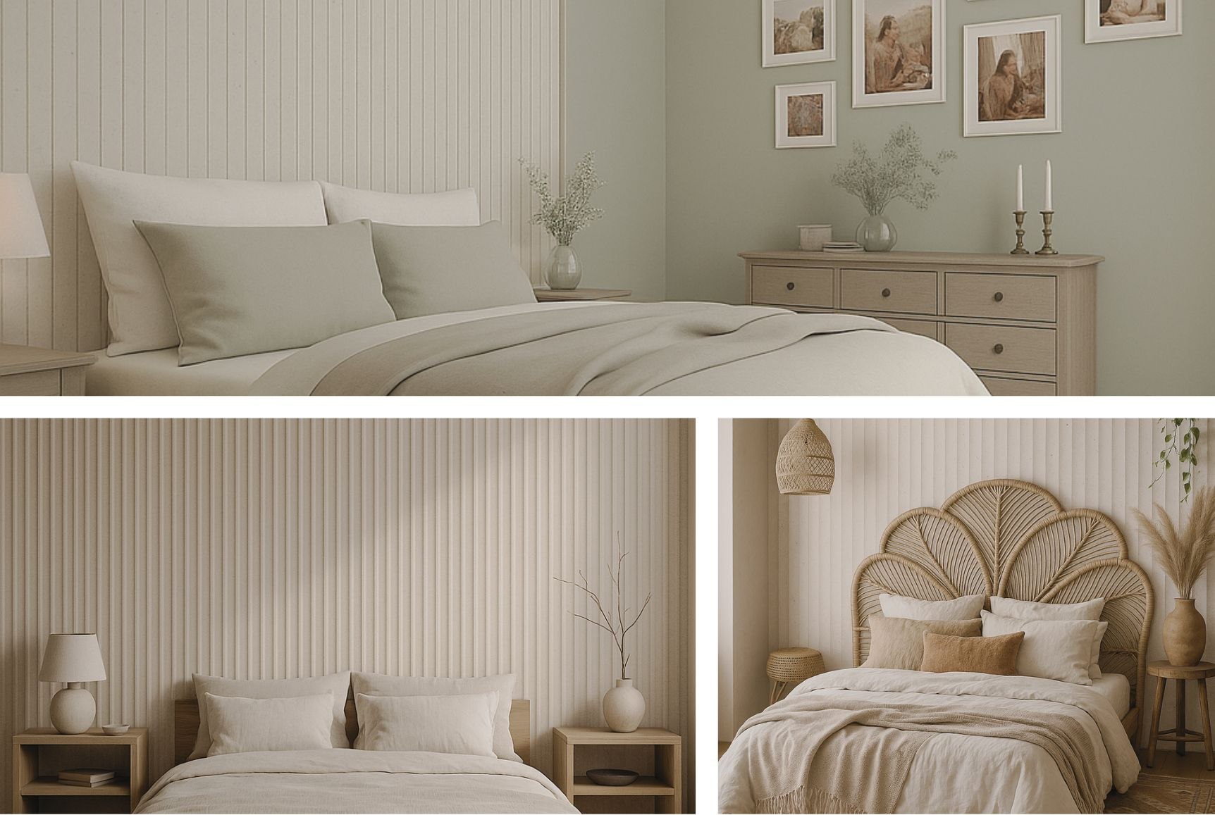 Przytulna sypialnia z lamelami UKIYO Lime Delight GV3 w stylu naturalnym i boho