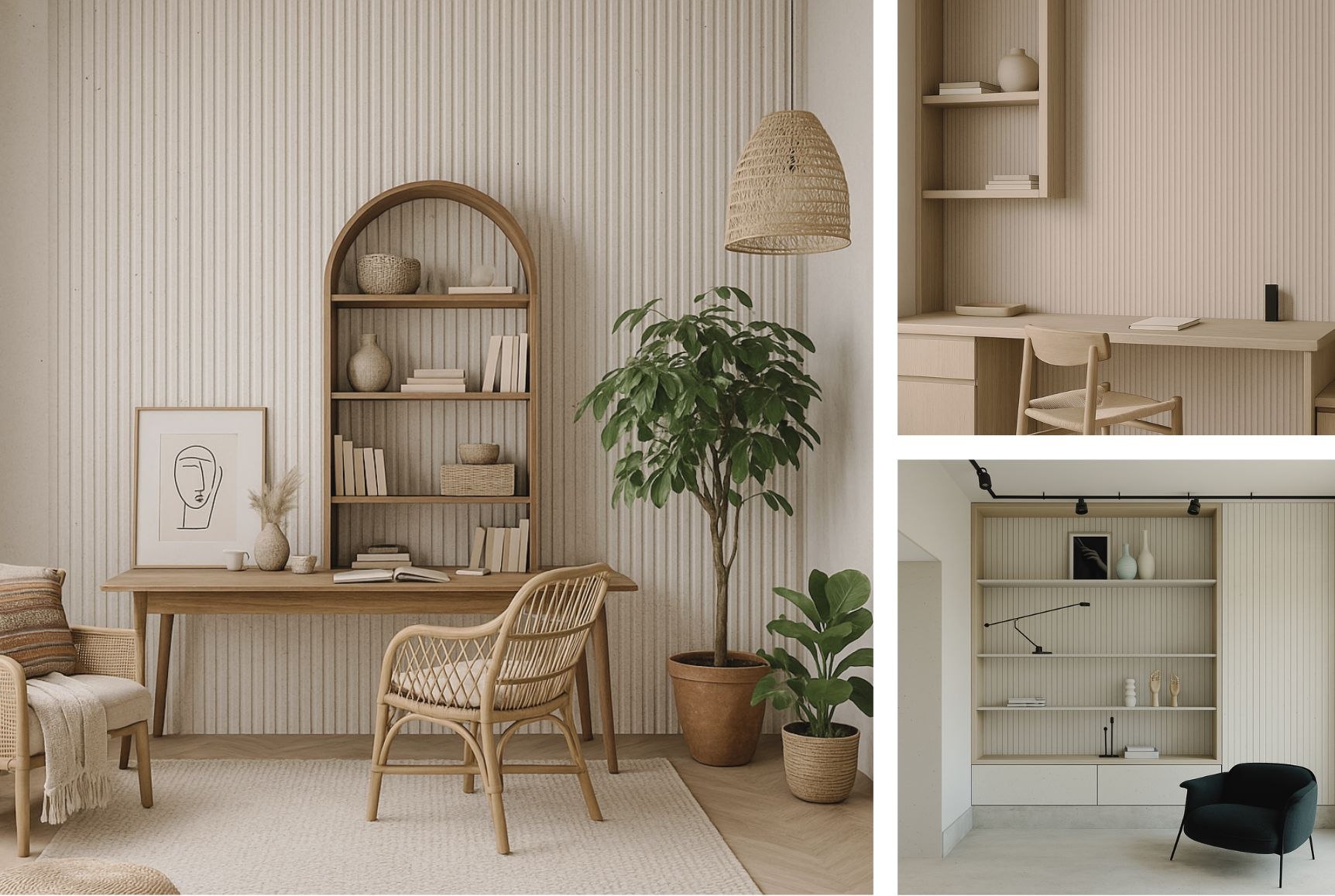 Minimalistyczny pokój do pracy z lamelową ścianą z UKIYO Lime Delight GV3