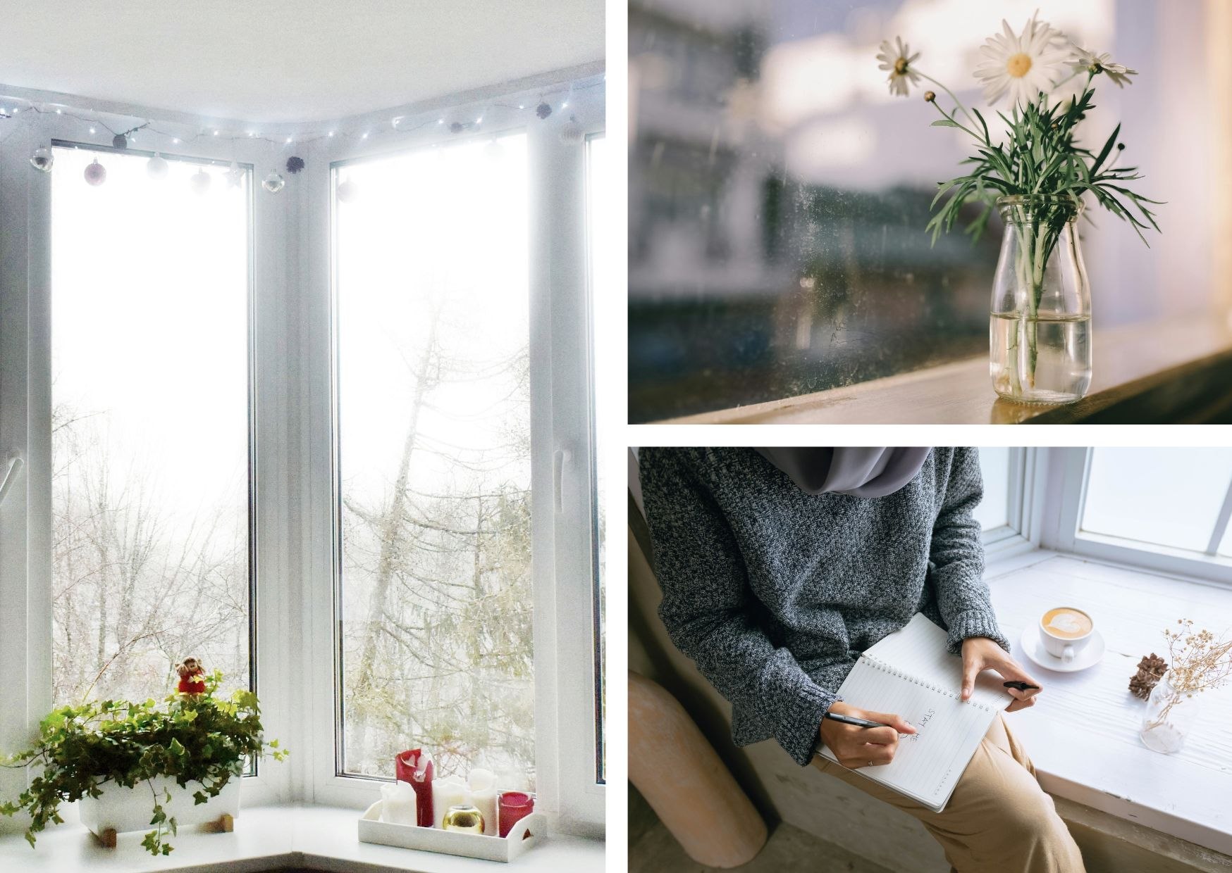 Kompozycja pokazuje różne ujęcia parapetów w codziennym, domowym użytkowaniu. Widać narożne, duże okno z zimowym widokiem i dekoracjami – rośliną doniczkową oraz zestawem świeczek i figurek. Na innym fragmencie kadru delikatny szklany wazon ze stokrotkami ustawiono na parapecie przy deszczowym oknie, co tworzy nastrojowy klimat. Ostatnia scena ukazuje osobę siedzącą na szerokim parapecie z zeszytem i kawą – idealne miejsce do pisania i relaksu.