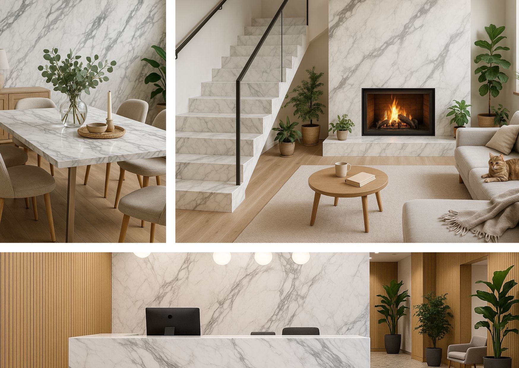 Spiek Infinity MB02 Renoir w różnych kontekstach: schody prowadzące do salonu, kominek, stół w jadalni oraz elegancka recepcja biurowa. W każdym przypadku materiał buduje wrażenie prestiżu, a jednocześnie pozostaje funkcjonalny i łatwy w utrzymaniu.