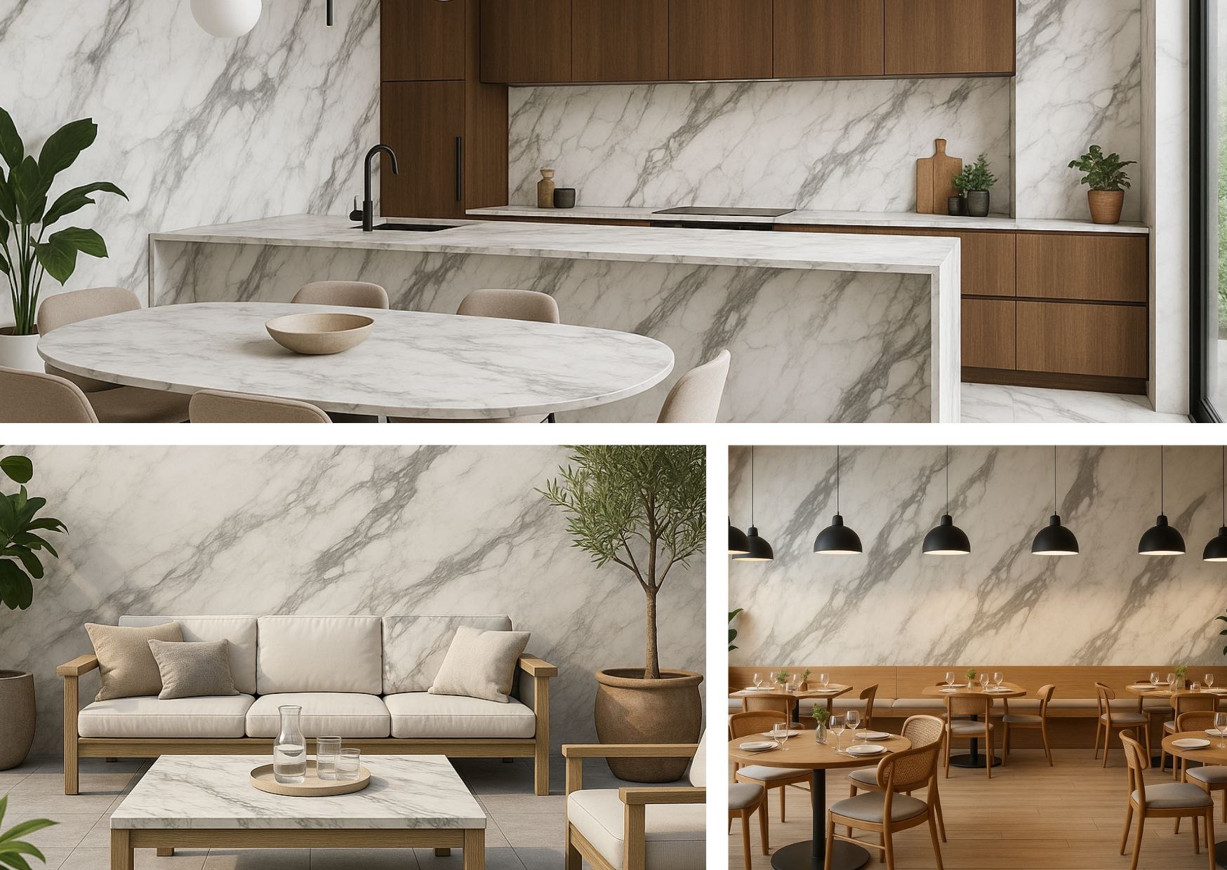 Detal kuchenny z blatem i fartuchem między meblami wykonanymi ze spieku Infinity MB02 Renoir. Marmurowa powierzchnia w duecie z drewnem i czarną armaturą tworzy ponadczasowy i praktyczny zestaw