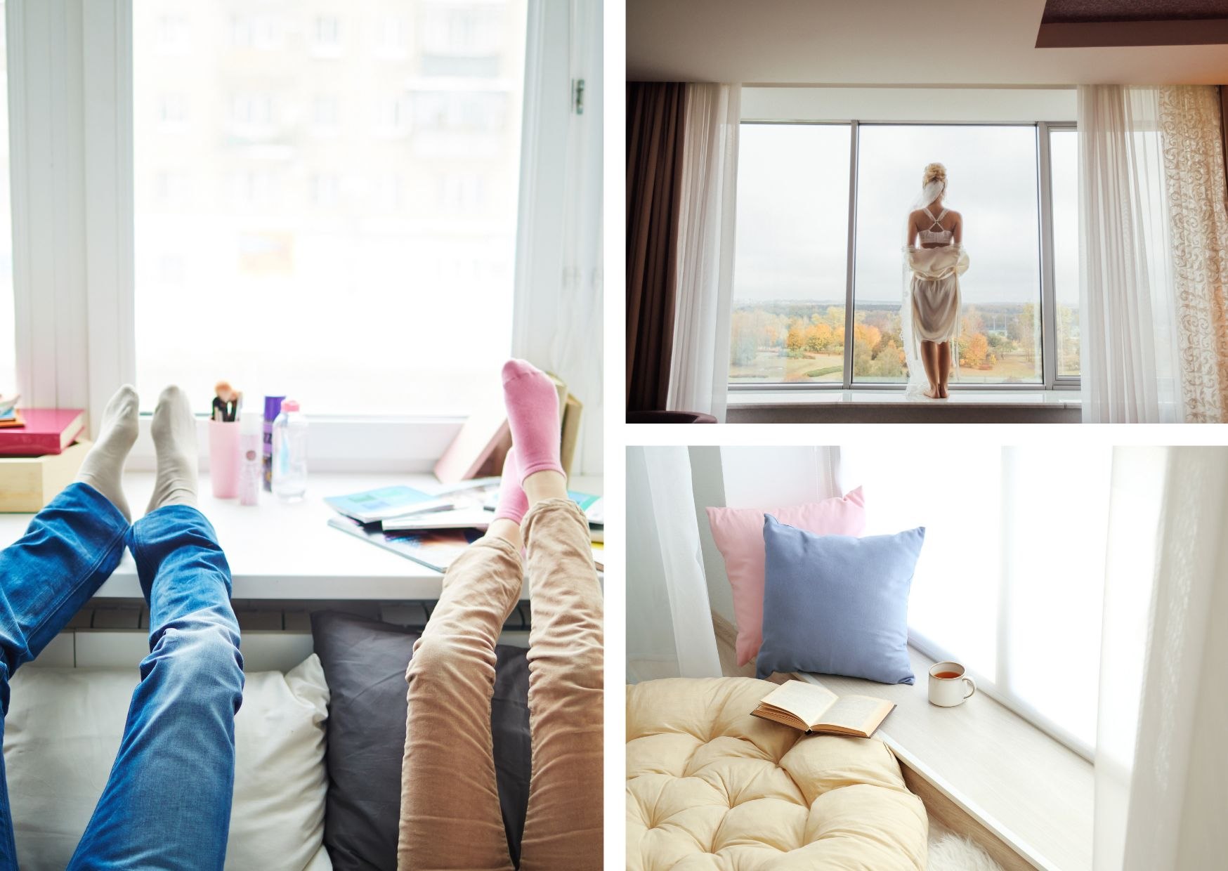 Parapety pełnią tutaj funkcję przestrzeni wypoczynkowej i dekoracyjnej. Para osób odpoczywa, opierając nogi na szerokim białym parapecie, otoczonym książkami i drobiazgami. Inny kadr ukazuje kobietę stojącą na panoramicznym parapecie z widokiem na jesienny krajobraz. Na ostatnim fragmencie parapet służy jako przytulny kącik – znajduje się tam miękka narzuta, poduszki w pastelowych kolorach, książka i kubek z herbatą, tworząc klimat idealny do odpoczynku.