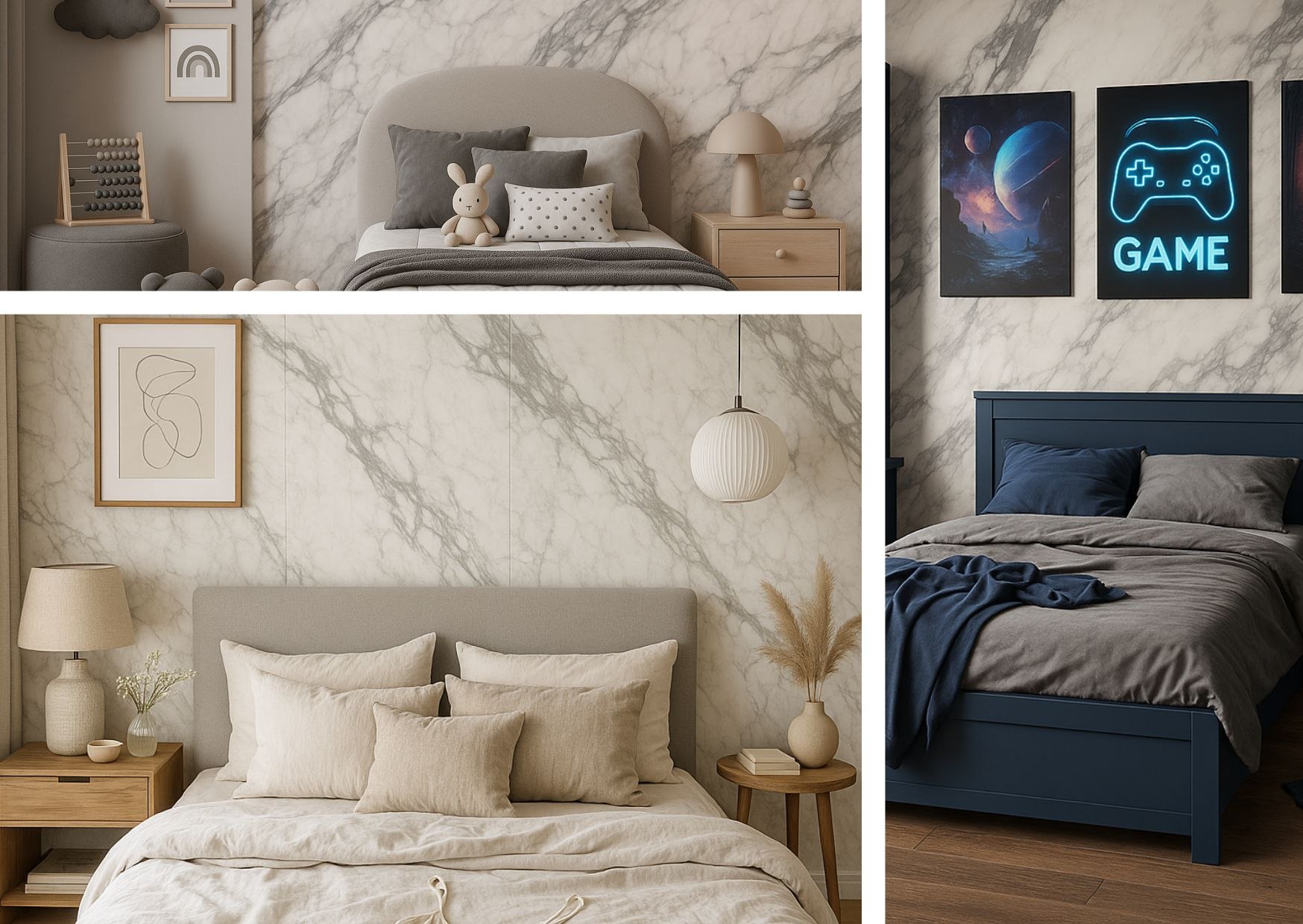 Spiek Infinity MB02 Renoir w roli tła do aranżacji sypialni i pokoju młodzieżowego. Elegancki marmurowy rysunek ocieplony tekstyliami i dodatkami sprawia, że wnętrze nabiera spójności i charakteru – od minimalistycznych beży po głęboki granat mebli gamingowych.