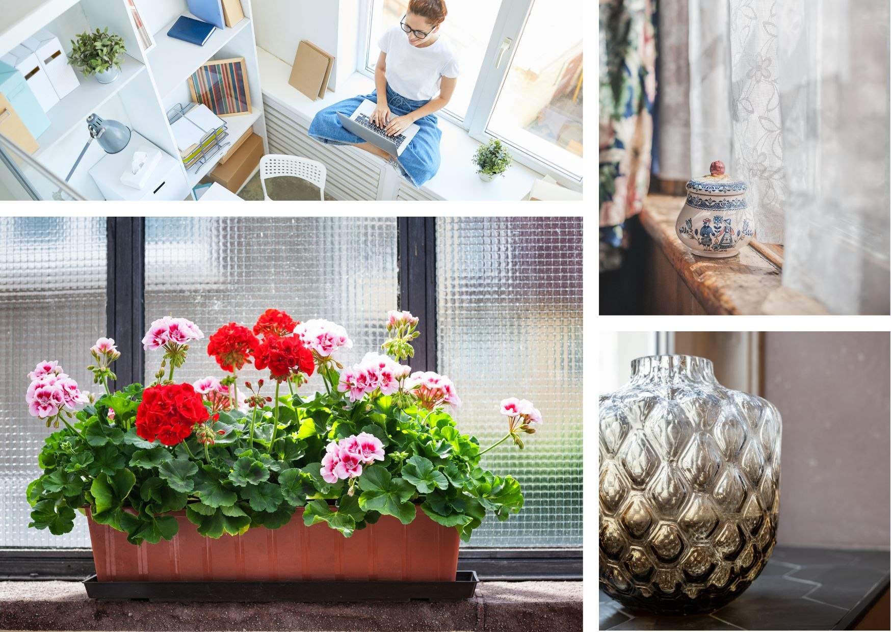 Różne zastosowania parapetu widoczne są w tym zestawieniu. W jasnym biurze domowym kobieta siedzi na parapecie z laptopem, korzystając z naturalnego światła do pracy. W innym ujęciu klasyczny drewniany parapet ozdobiony jest ceramicznym słoiczkiem o ludowym zdobieniu. Na zewnętrznym parapecie umieszczono skrzynkę z czerwonymi i różowymi pelargoniami, które dodają koloru elewacji. Z kolei elegancki, ciemny parapet zdobi dekoracyjny, srebrzysty wazon o nowoczesnej fakturze.