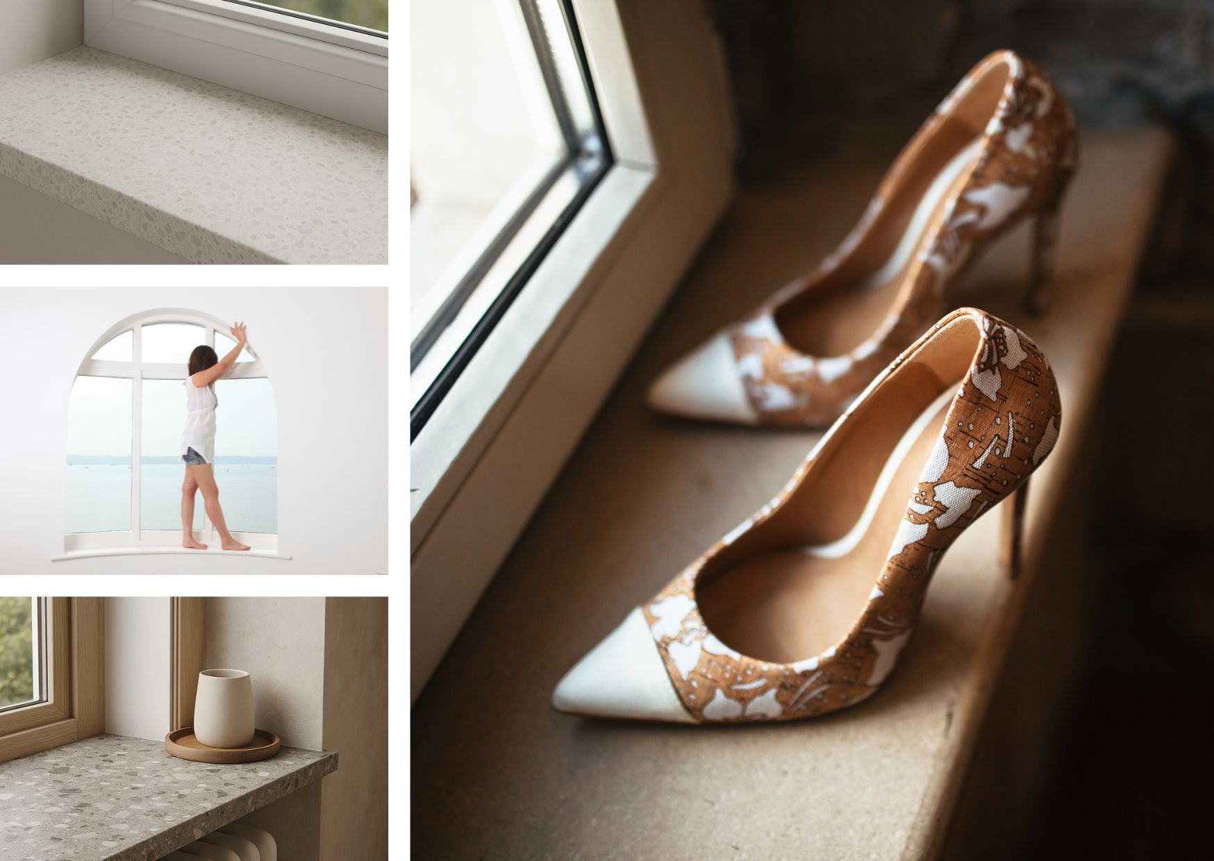 W tym kolażu widać różnorodne oblicza parapetów. Jasny konglomerat o delikatnej strukturze prezentuje się w nowoczesnym wnętrzu. Na kolejnym ujęciu dziewczynka stoi na szerokim, białym parapecie w łukowym oknie z widokiem na morze – całość sprawia wrażenie przestrzeni otwartej i lekkiej. W innym kadrze szary parapet ozdobiono minimalistycznym kubkiem. Duże zdjęcie po prawej przedstawia eleganckie buty na wysokim obcasie ustawione na kamiennym parapecie – zdjęcie ma charakter bardziej artystyczny i stylizowany