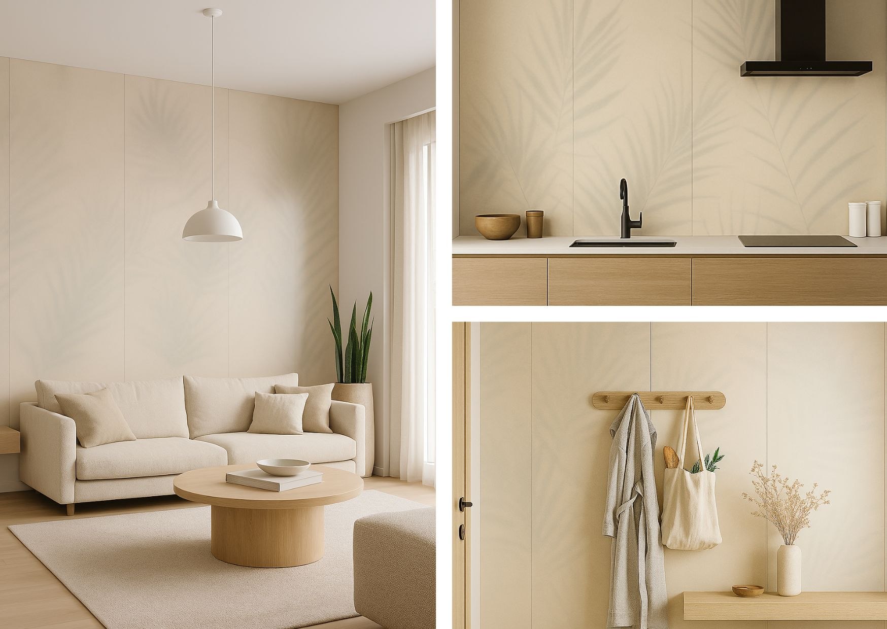 Jasny salon z beżową sofą i ścianą wykończoną spiekiem Laminam Gemini Flora Luce w naturalnym stylu