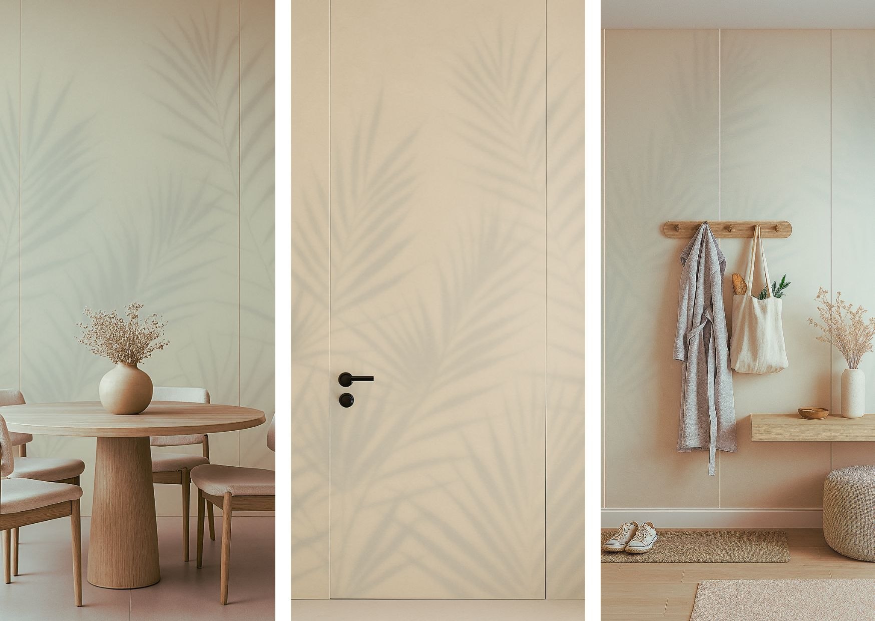 Jadalnia i drzwi ukryte w ścianie wykończonej spiekiem Laminam Gemini Flora Luce