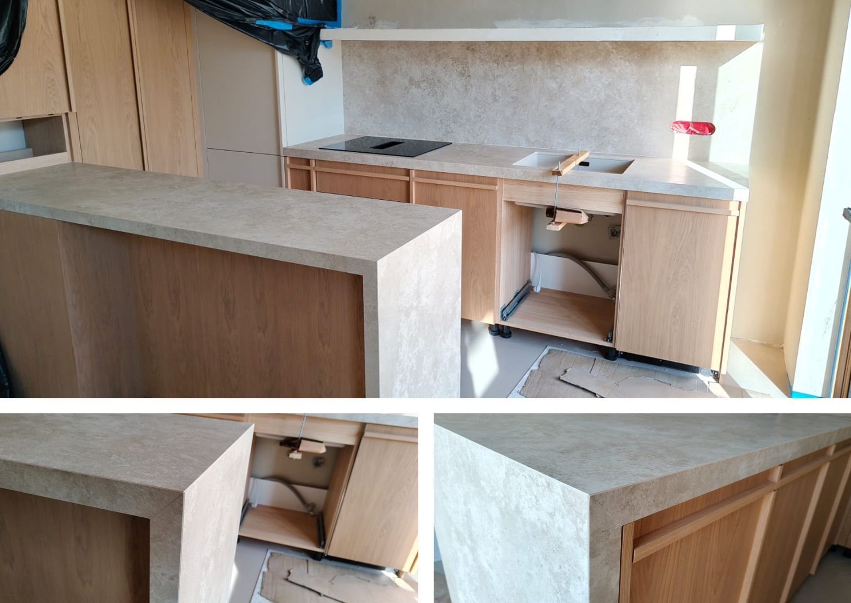 Kuchnia w trakcie realizacji ze spiekiem Neolith Rapolano i drewnianymi frontami