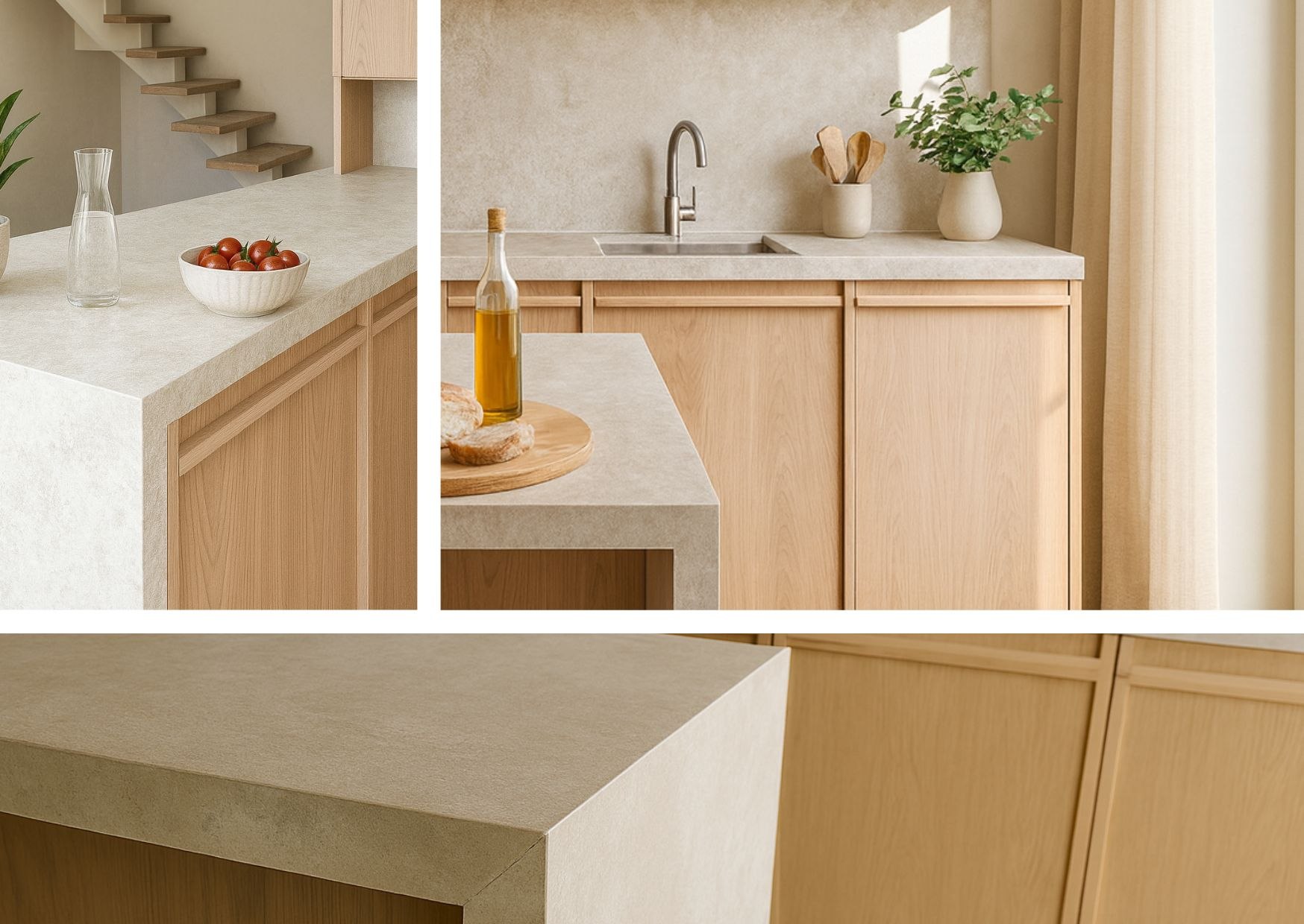 Wykończona kuchnia ze spiekiem Neolith Rapolano, jasnym blatem i subtelnymi dekoracjami