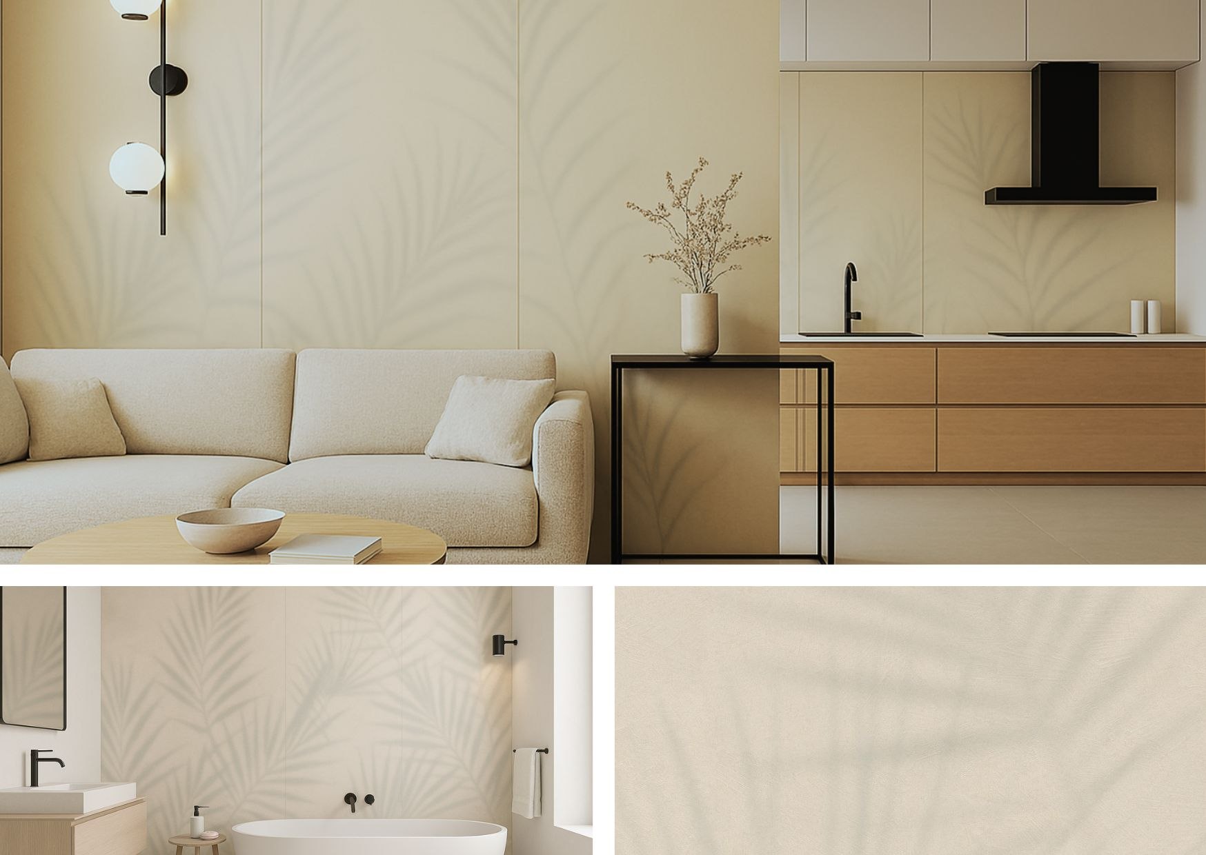 Kuchnia i salon z panelami Laminam Flora Luce, delikatny wzór liści na jasnej ścianie