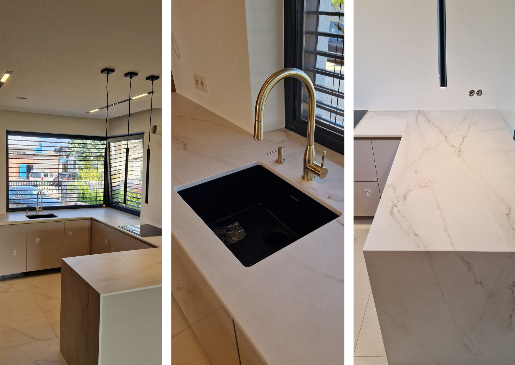 Kuchnia z blatami Dekton Rem – biały marmur, czarny zlew i złota bateria w elegancznym wnętrzu.