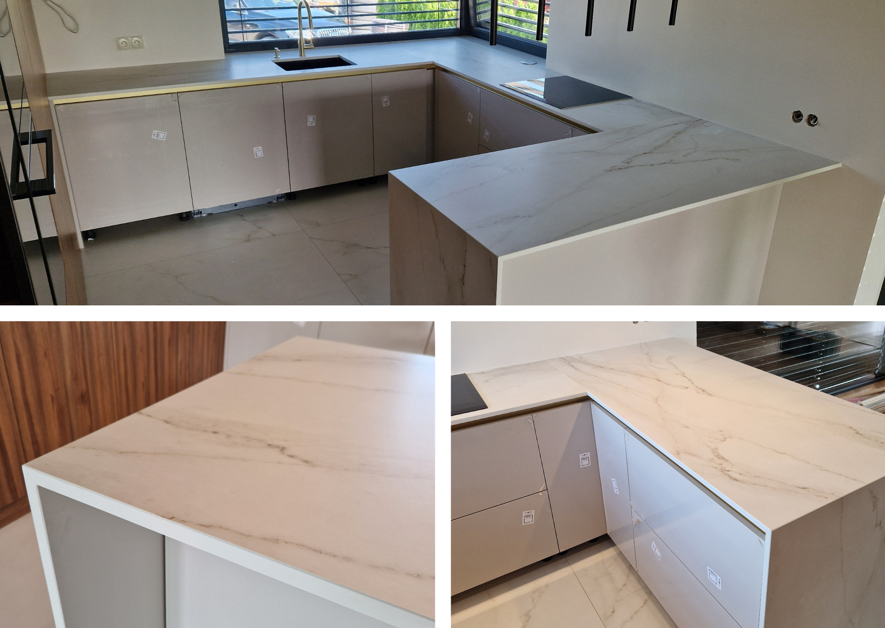 Nowoczesna kuchnia z wyspą i blatami Dekton Rem – biały marmur w połączeniu z jasną zabudową.