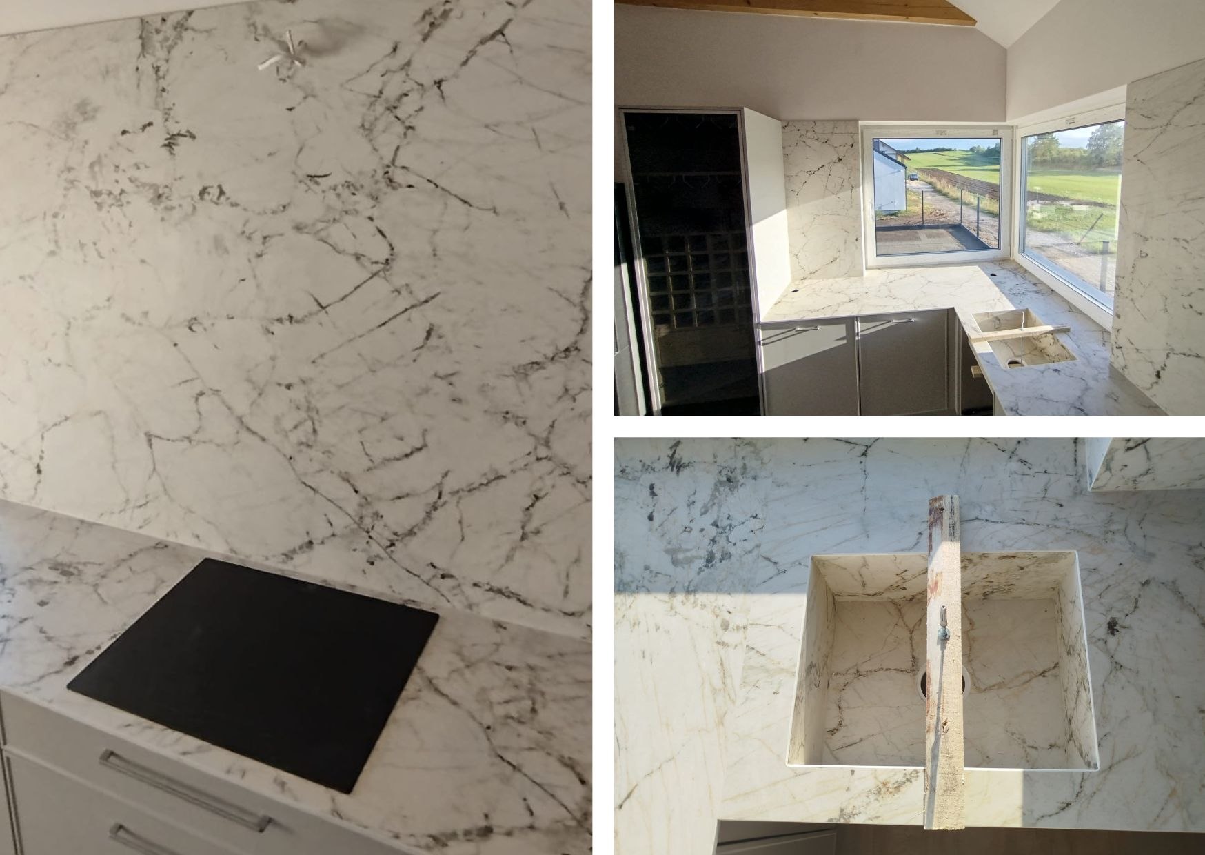 Blat kuchenny z płytą grzewczą w spieku Laminam Fusion White z wyraźnym użyleniem