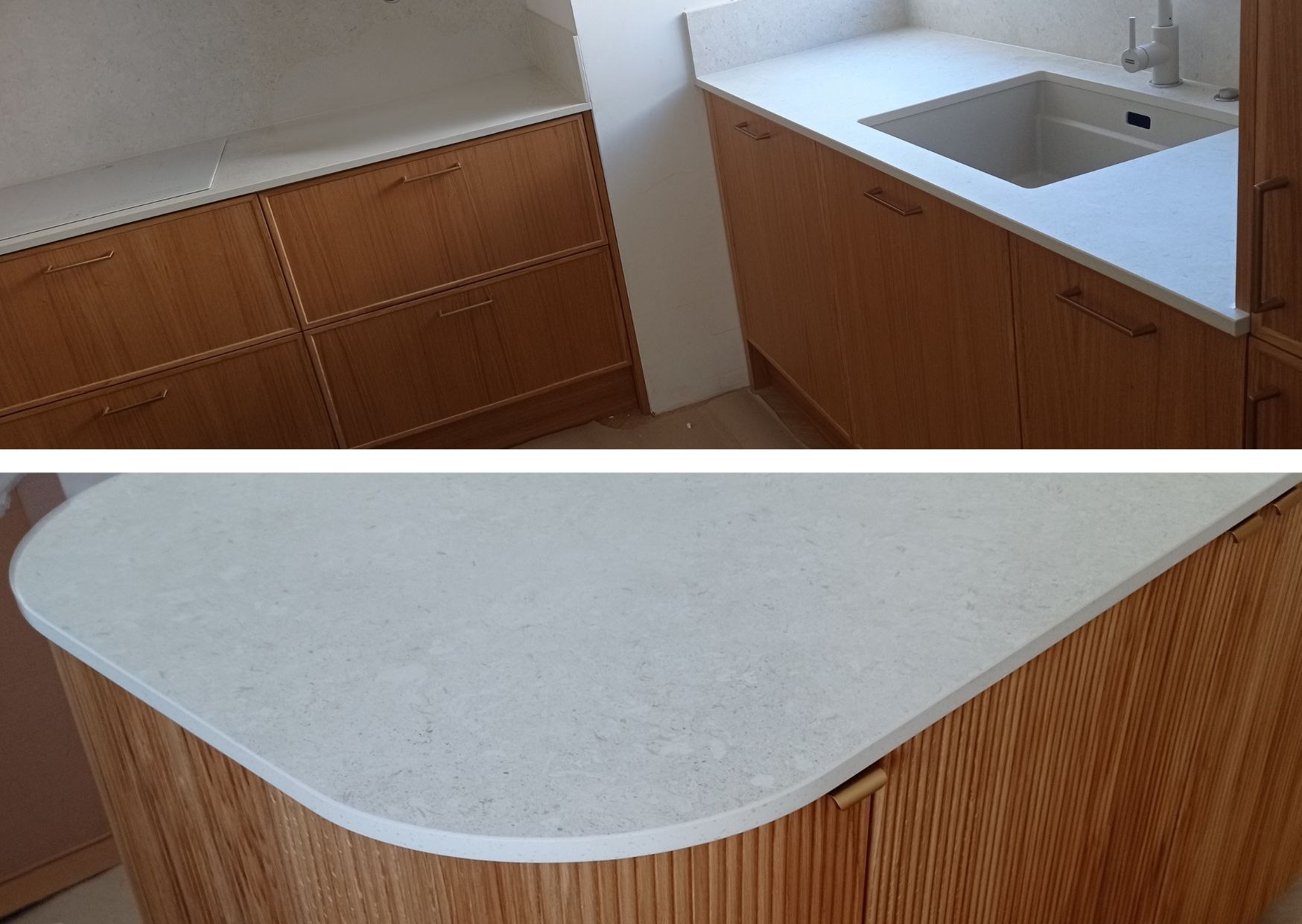 Kuchnia z blatami i ścianami z Dekton Nebbia w zestawieniu z drewnem