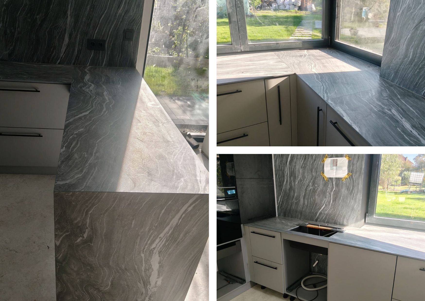 Kuchenny blat i ściany ze spieku Mar del Plata w świetle dziennym, z zabudową pod oknem i przy ścianie.