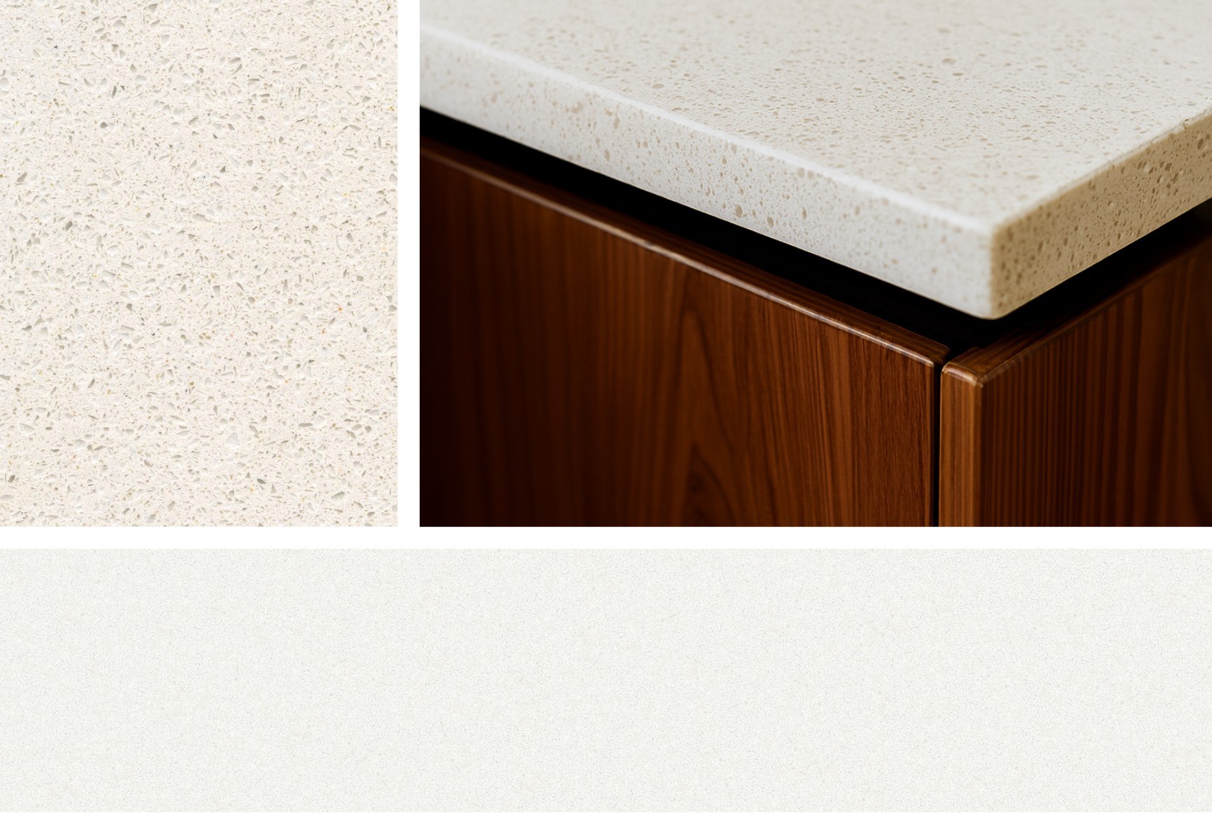 Zbliżenie na blat kuchenny z konglomeratu Silestone Bianco Maple na tle drewnianych frontów