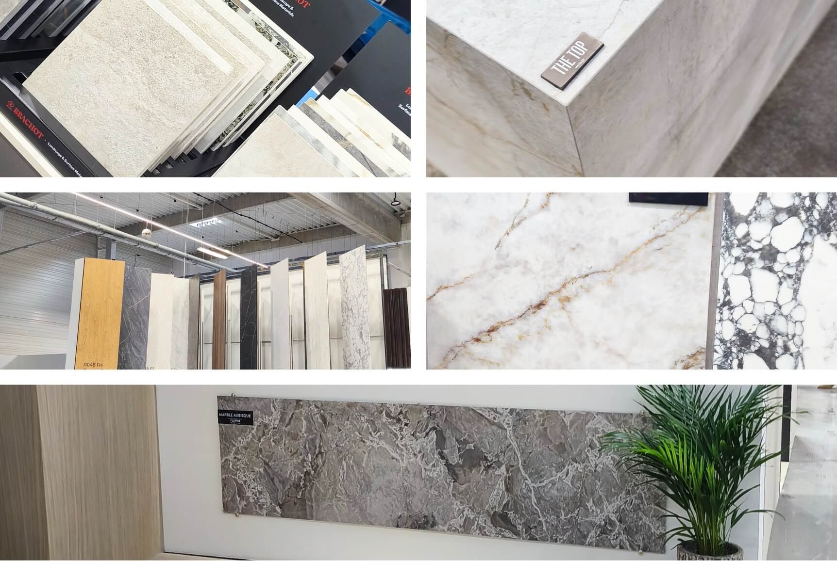 Ekspozycja płyt kamiennych i spieków o różnych wzorach marmuru i kwarcytu