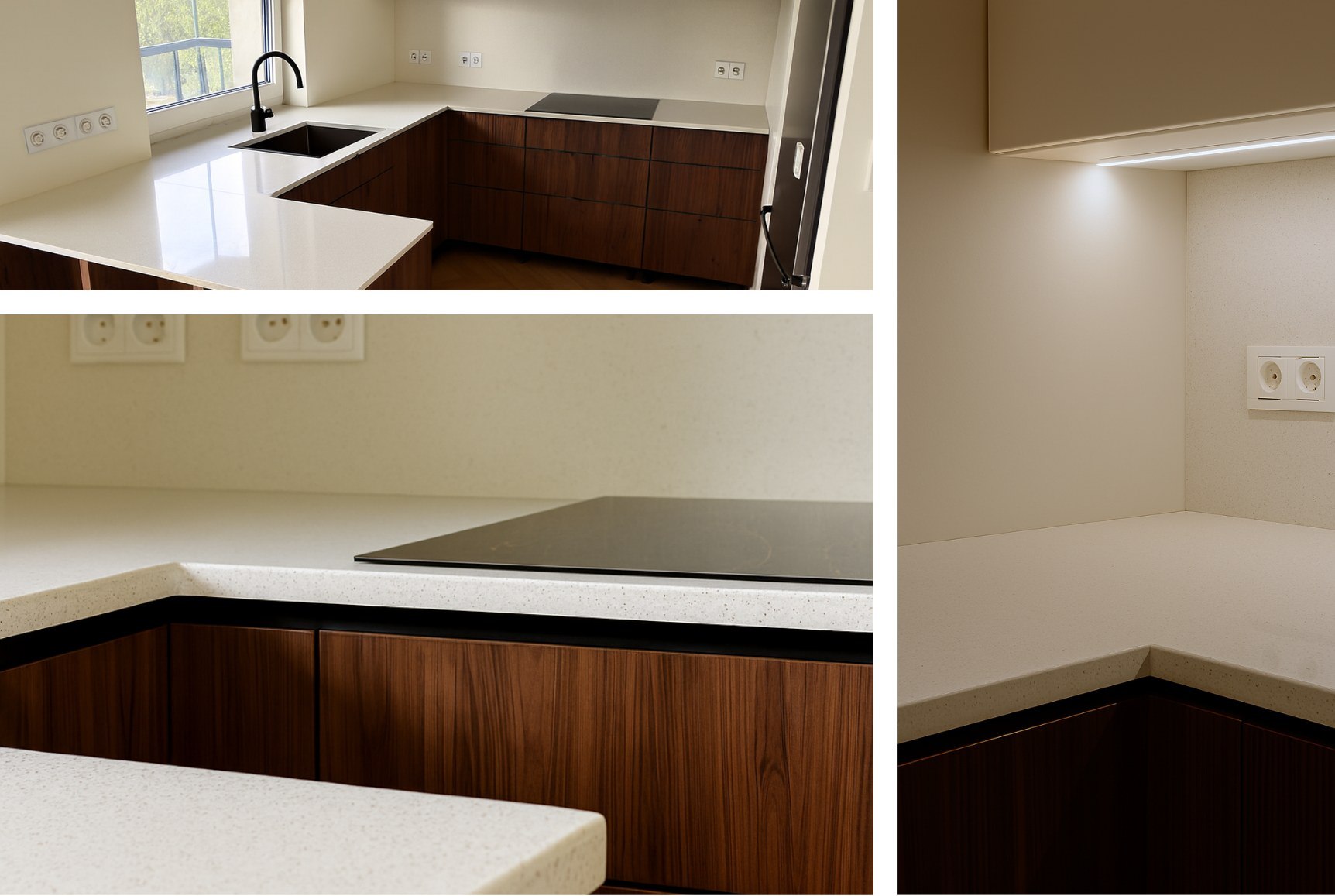 Blat i ściana w konglomeracie Silestone Bianco Maple w połączeniu z ciepłym drewnem frontów