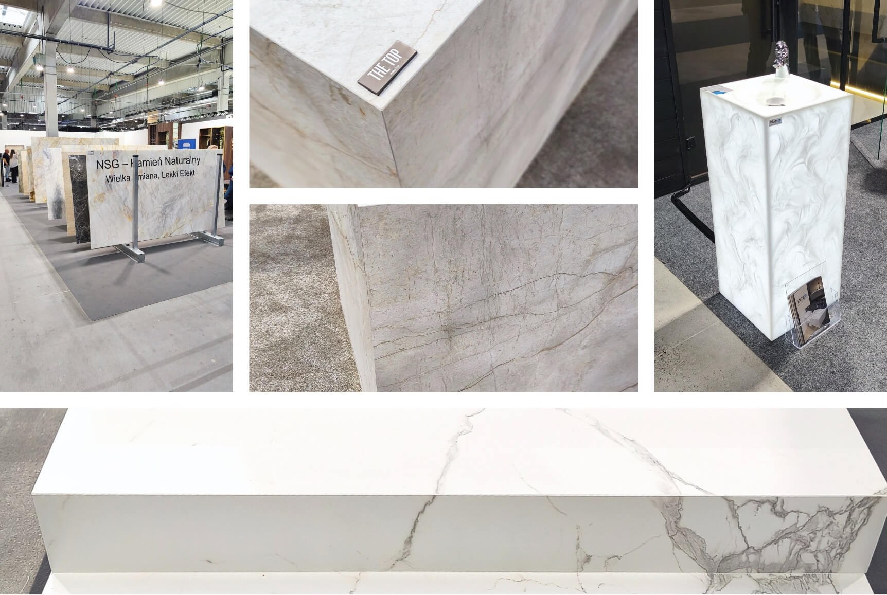 Stoisko z wielkoformatowymi spiekami kwarcowymi w różnych kolorach i fakturach