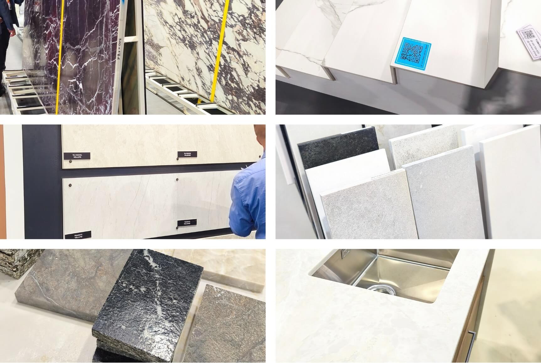 Stoisko producenta płyt kamiennych z dekoracyjnymi panelami i roślinnością