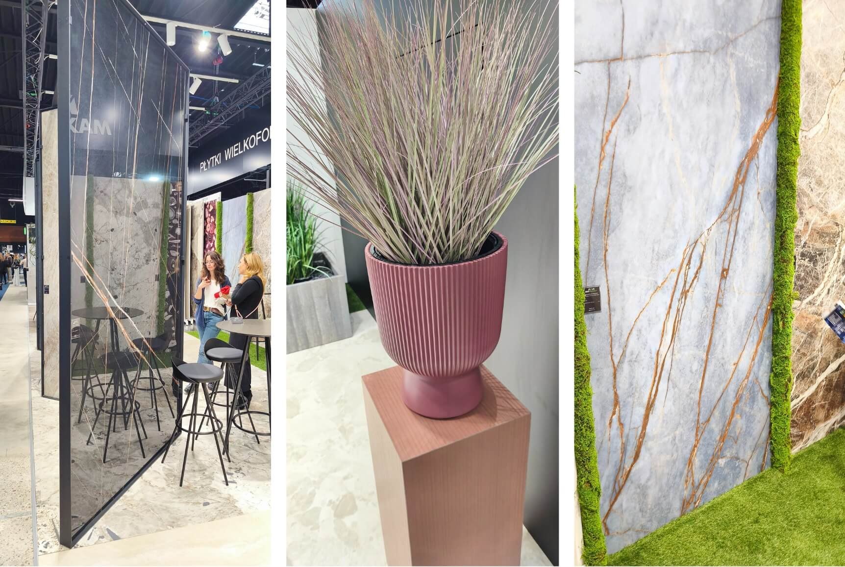 Wystawa naturalnych kamieni i spieków w jasnych odcieniach z delikatnym połyskiem