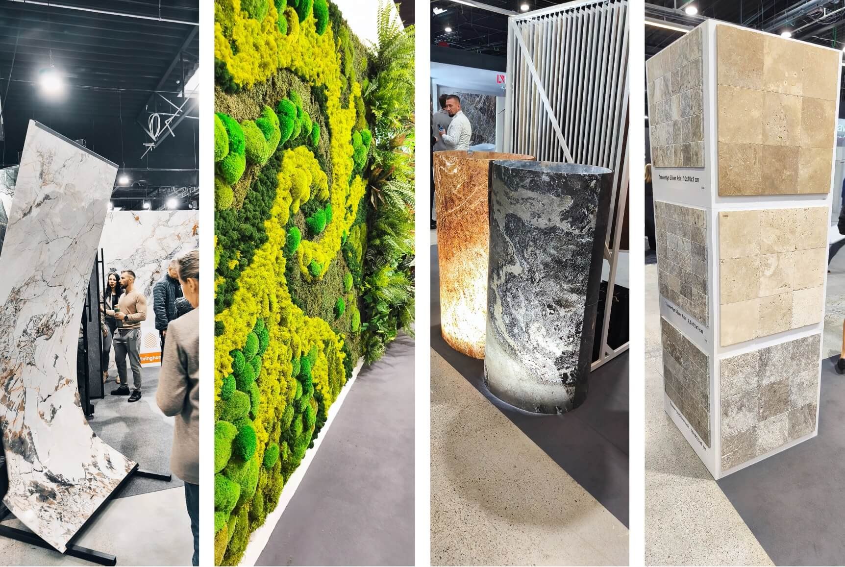 Stoisko z dekoracyjnymi płytami kamiennymi i strukturami o nowoczesnym charakterze