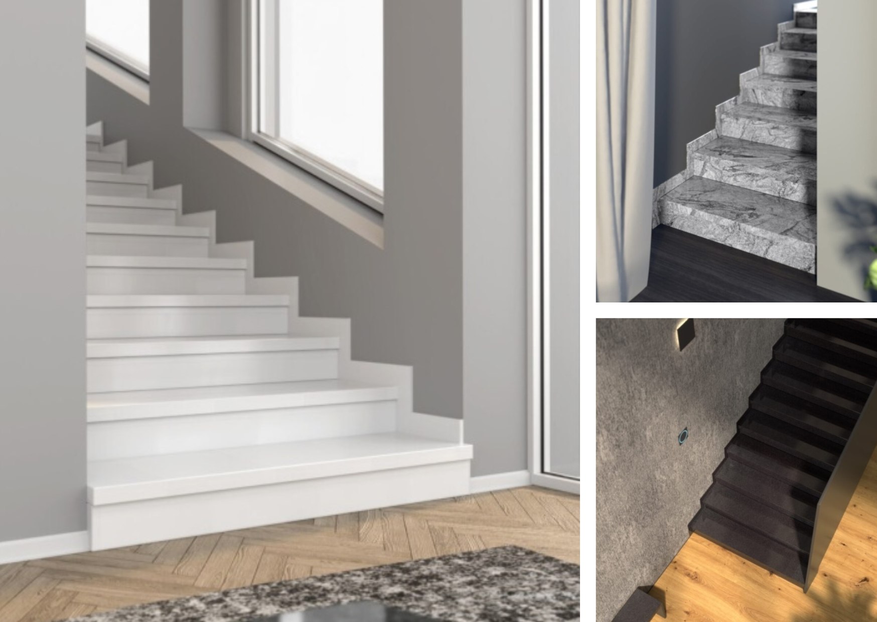 Nowoczesne schody z białego konglomeratu, marmuru i ciemnego granitu w aranżacjach wnętrz.