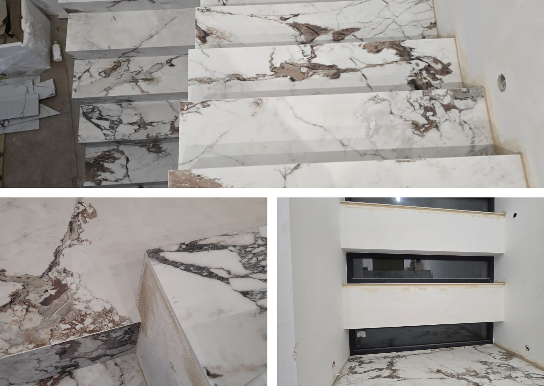 Kolaż ukazujący schody z Florim Marble Capraia oraz strukturę spieku w zbliżeniu.