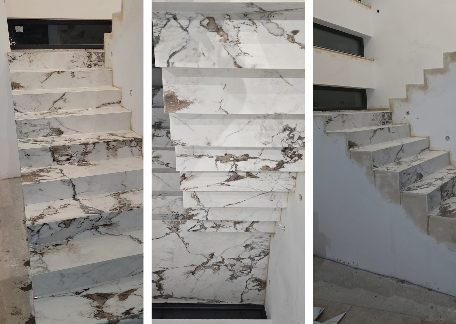 Kolaż detali schodów ze spieku Florim Marble Capraia, pokazujący wzór i wykończenie krawędzizbliżeniu.